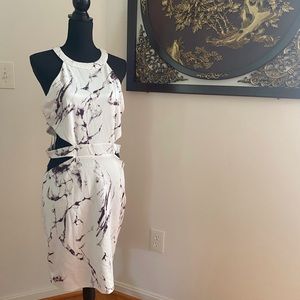 Cocktail dress with cut out, white marble design.